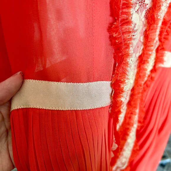 Free People Red Orange Sheer Chiffon Dress Lace Trim Ribbon Belt Womens Size 0 - Picture 8 of 16